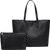Large Capacity Shoulder Handbag Woven Leather Tote Bag with Matching Pouch Travel Lightweight
