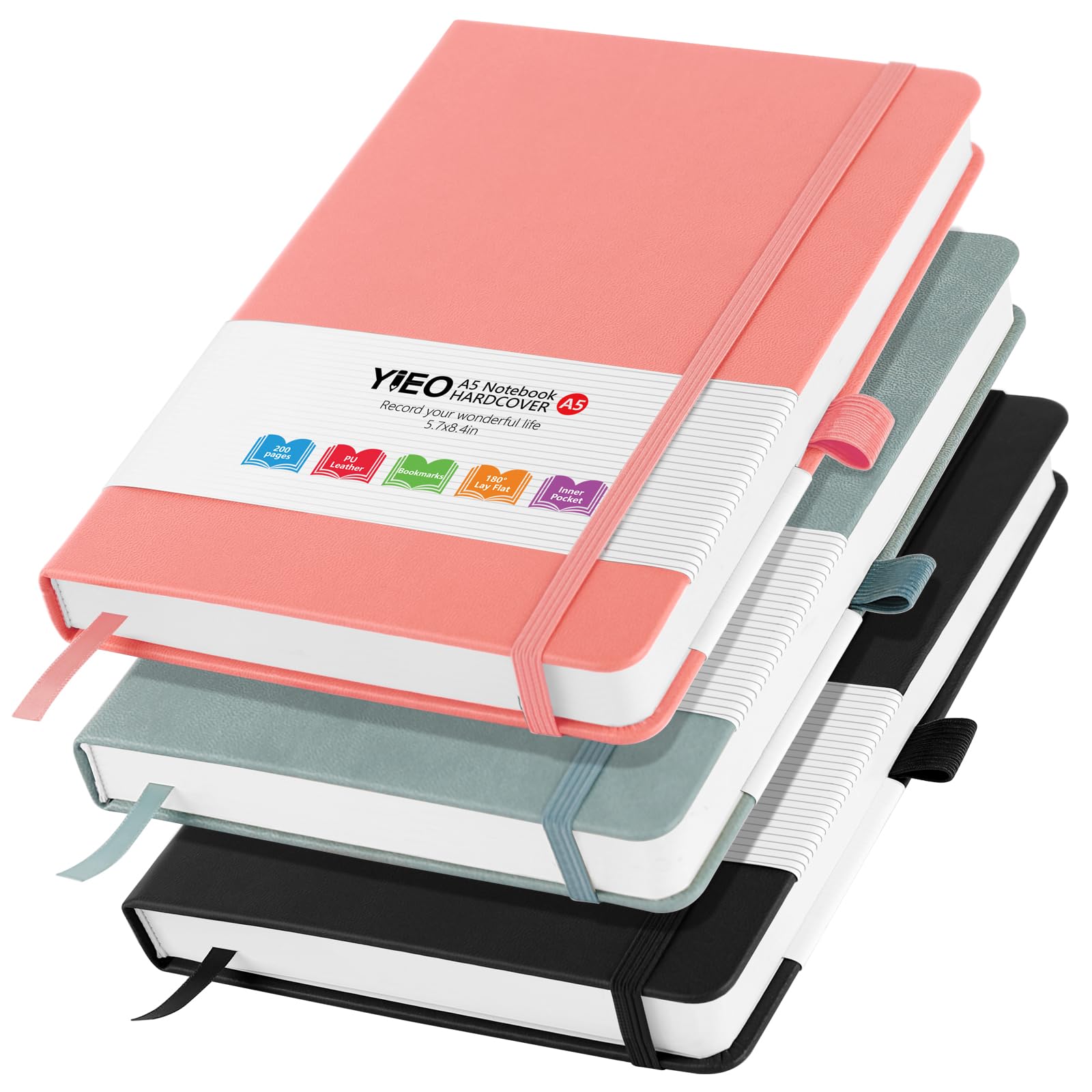 YIEO A5 Notebook, 3 Pack Notebook A5 200 Lined Pages 80GSM Journal Notebook Pu Leather Hardback Notepad with Elastic Loop, Pen Loop and Expandable Paper Pocket (Black, Grayblue, Pink)