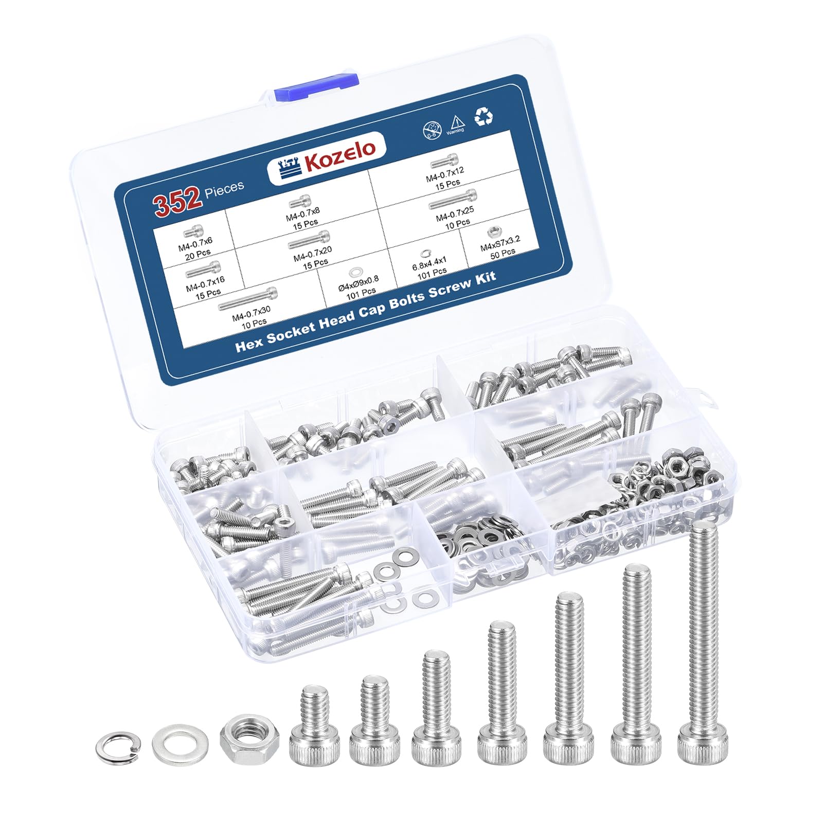 Kozelo 352pcs M4 Socket Head Cap Screws Bolts Nuts Assortment Kit - [M4x6/8/12/16/20/25/30mm] 304 Stainless Steel Allen Socket Drive for 3D Printer — image 1
