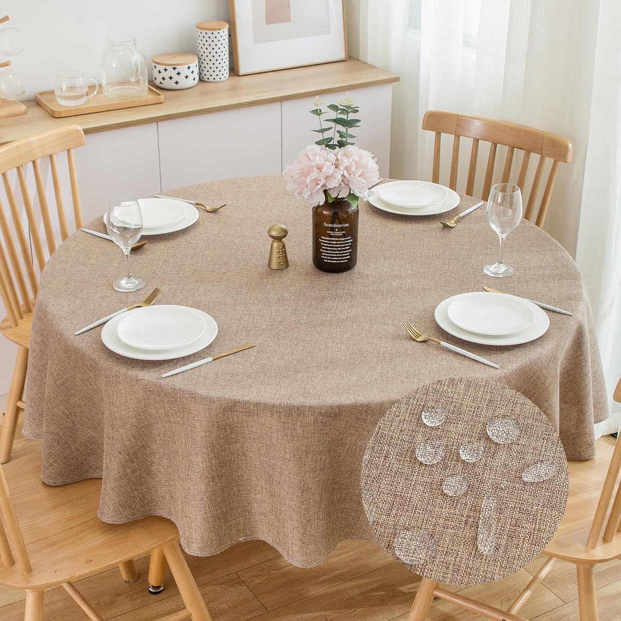 SPRICA Round Tablecloth 160cm Diameter Water Resistance Linen Texture Spill Proof Wipeable Table Cover Solid Colour Circle Cover, Brown