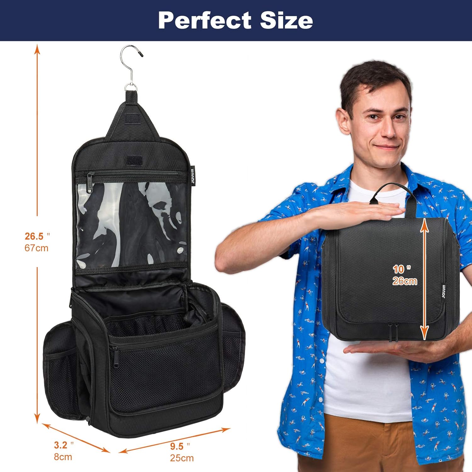 WANDF Toiletry Bag with Medicine Pocket Jewellery Bag and Clear Wet Separation Compartments Water-resistant Nylon Travel Shaving Dopp Kit Travel (Black): Clothing