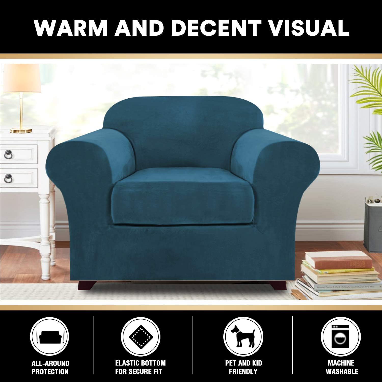 Real Velvet Stretch Chair Covers 2 Piece Armchair Cover Slipcovers - Include Base Cover and Cushion Cover - Sofa Covers Couch Covers 1 Seater Chair Slip Cover, Feature Thick Soft Velour, Deep Teal: Home & Kitchen