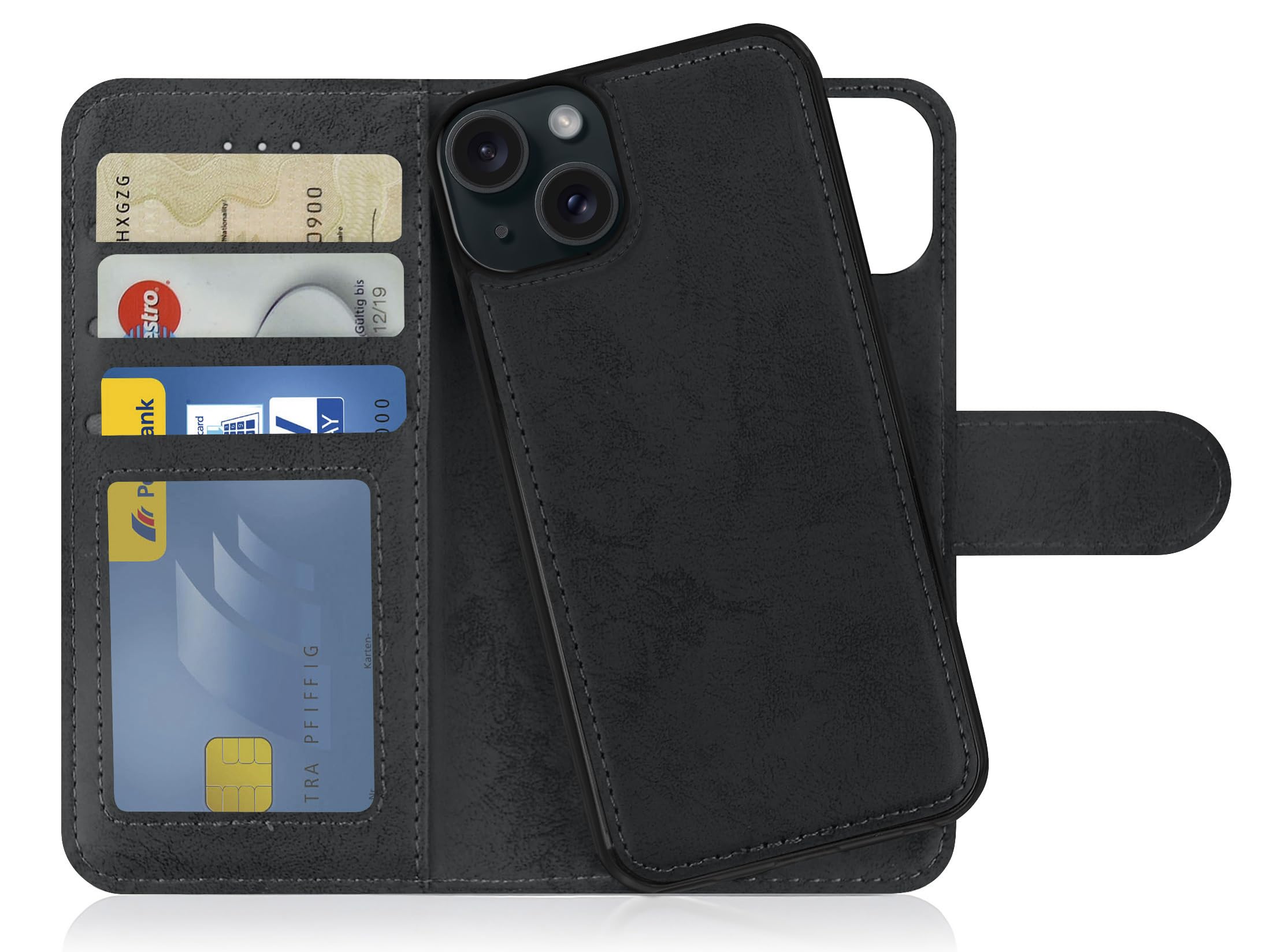 MyGadget Flip Case for iPhone 15 Plus - [ Removable Magnetic Cover ] - PU Leather Phone Case - [ Cover with Card Slot ] Protective Shell in Grey Black