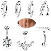 ONESING 7 Pcs 14G Belly Button Rings Belly Rings for Women Stainless Steel Belly Button Piercing with Gift Box Reverse Curved Clicker Navel Rings Cubic Zirconia Silver Belly Piercing Jewelry
