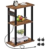 TUTOTAK Small Narrow Side Table with Charging Station, Skinny End Table for Small Spaces, Slim Nightstand with USB Ports and Outlet, Sofa Beside Table with Wheels, Brown TB01BB046