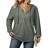 VISLILY Womens-Plus-Size-Hoodies Button V Neck Lightweight Knit Sweaters Casual Long Sleeve Tops Drawstring Hooded Sweatshirt