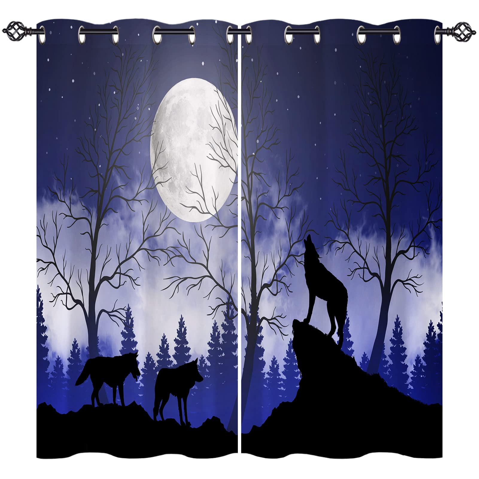 ANHOPE Wolf Curtains Eyelet 80% Blackout Room Darkening Curtains Forest Animal Wolves Moon Print Pattern Thermal Light Blocking Window Drapes for Bedroom Living Room 46 x 54 Inch Drop 2 Panels