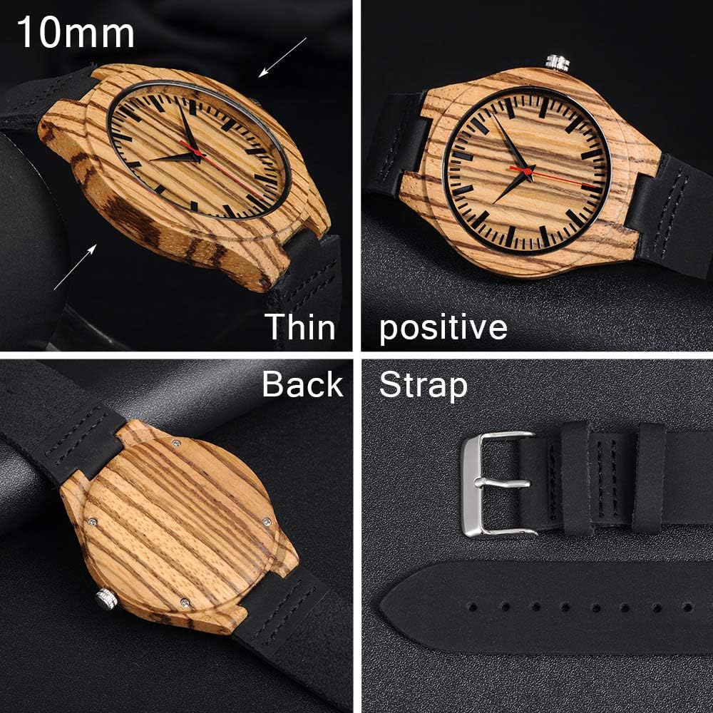 MICGIGI Unisex Simple Wooden Quartz Watch Handmade Cowhide Leather Strap Natural Wood Wrist Watch - Image 4