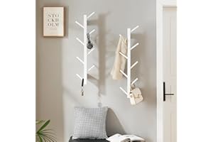 TIOPGHAD 2 Pack Vertical Wall Coat Rack, Bamboo Wall Mounted Hat Hooks Hanging Wooden Racks Hanger Wall Mount Tree for Hats Coats Hacket Clothes Bags Entryway Bedroom(White)