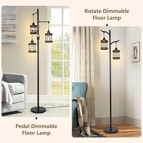 AIRPOSTA DIMMABLE FLOOR LAMPS FOR LIVING ROOM, 3-LIGHT INDUSTRIAL FLOOR LAMP WITH WOOD & METAL CAGE, FARMHOUSE STANDING LAMP TALL TREE LAMP FOR BEDROOM OFFICE, RUSTIC BLACK TALL FLOOR LAMP FOR CORNER