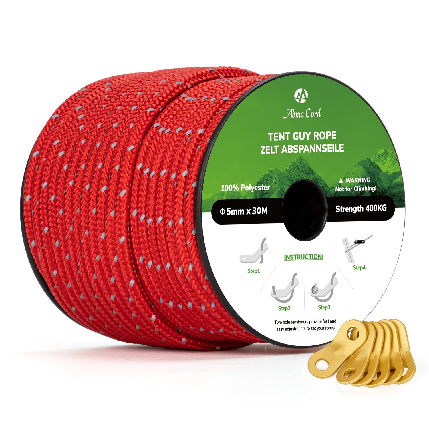 Abma Cord Tent Guy Ropes 5mm 30M Guy Line 6 Pcs Guy Rope Tensioners Heavy Duty Guide Rope for Camping, Gazebos, Awning, Tarp - Reflective Red
