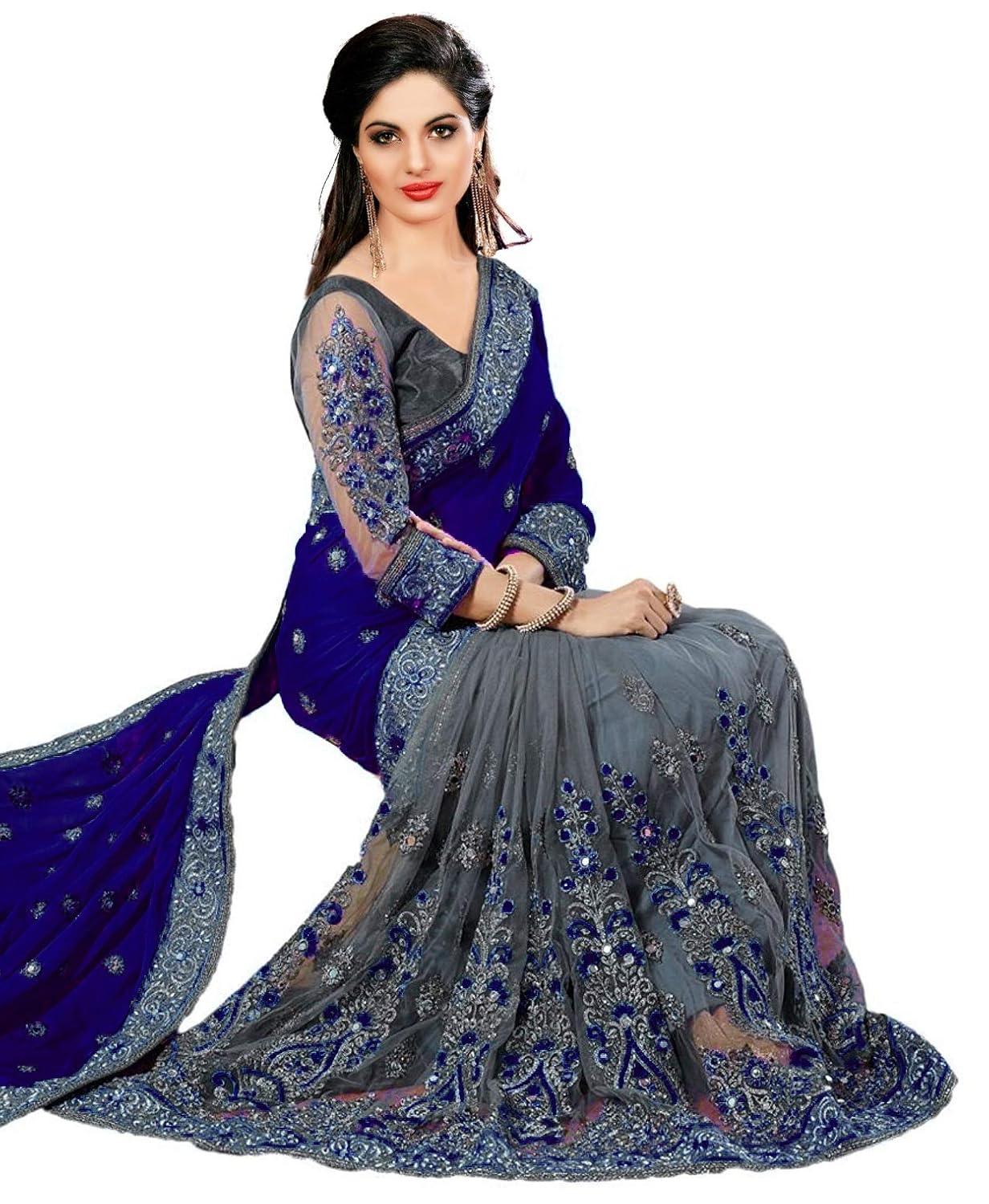 panash trends women's heavy embroidery work satin chiffon net saree