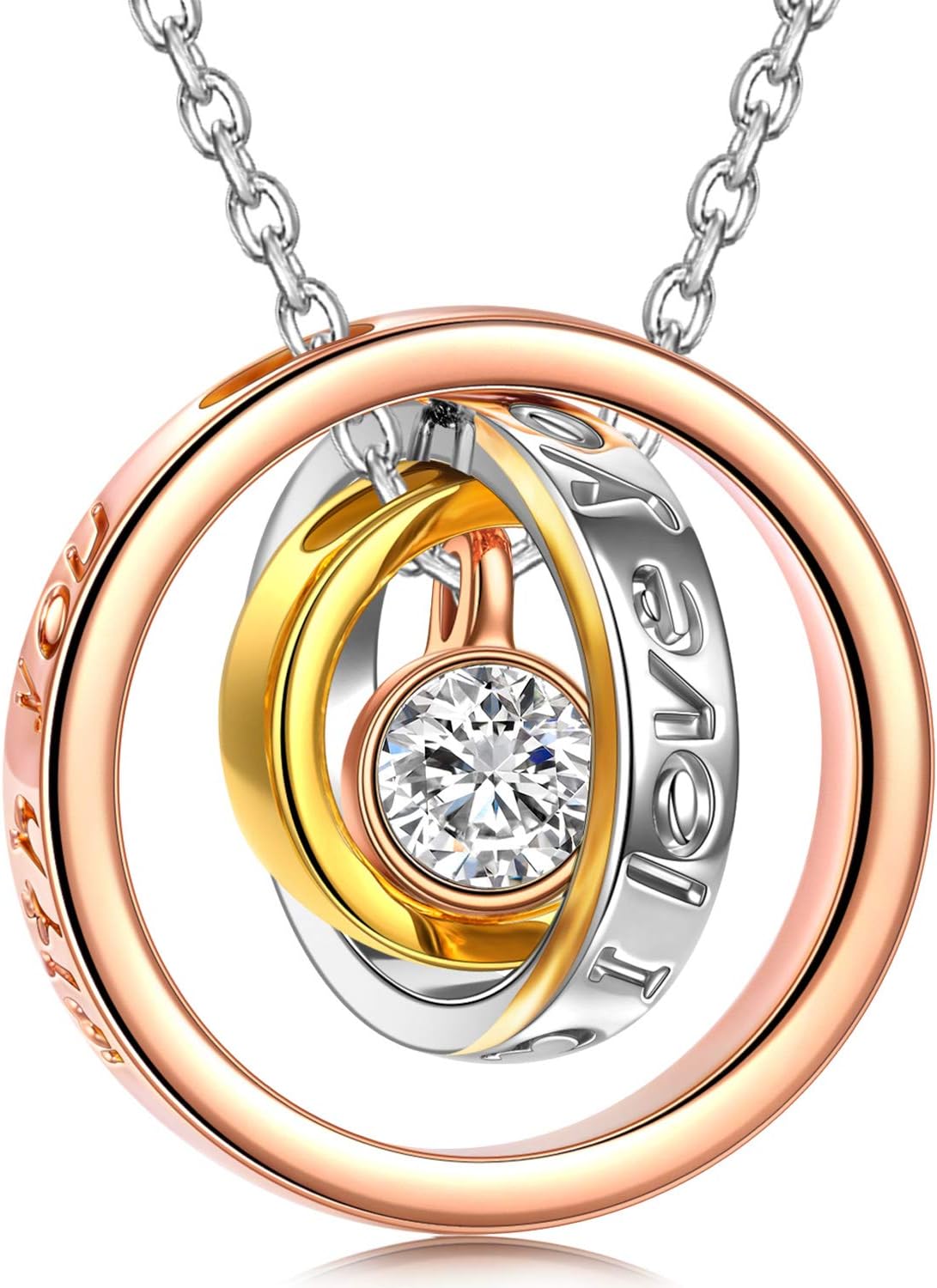 QIANSE Mother's Day Necklaces Gifts Sun of Life Three Rings Design Pendant with Engraving Necklace, Swarovski Crystals Jewelry