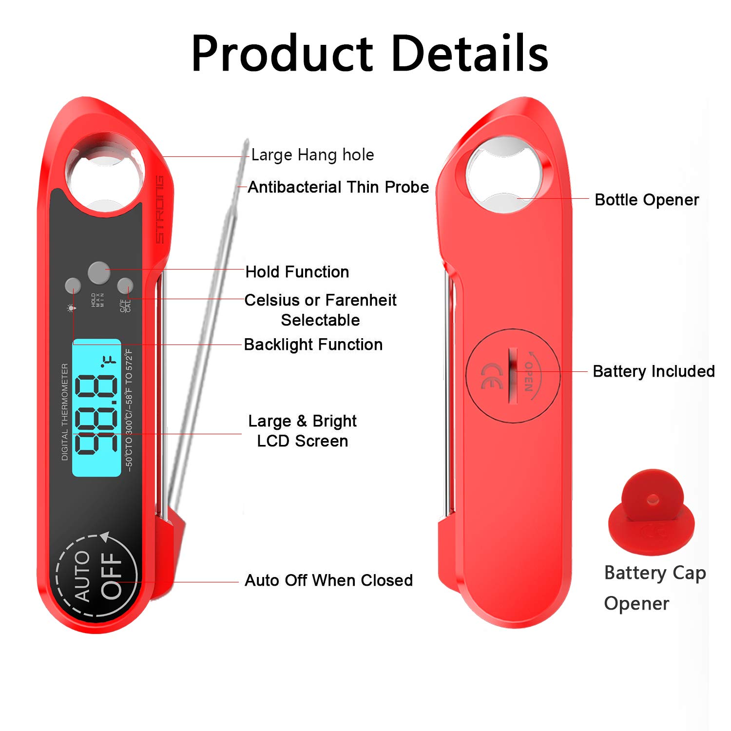 Meat Thermometer, Instant Read Thermometer with Foldable Probe and Bottle Opener, with One Extra Battery