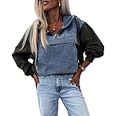 Sexyshine Women's Hooded Denim Patchwork Sweatshirt Half Zipper Up Hoodie Pullovers Drawstring Jean Hoodies With Pocket