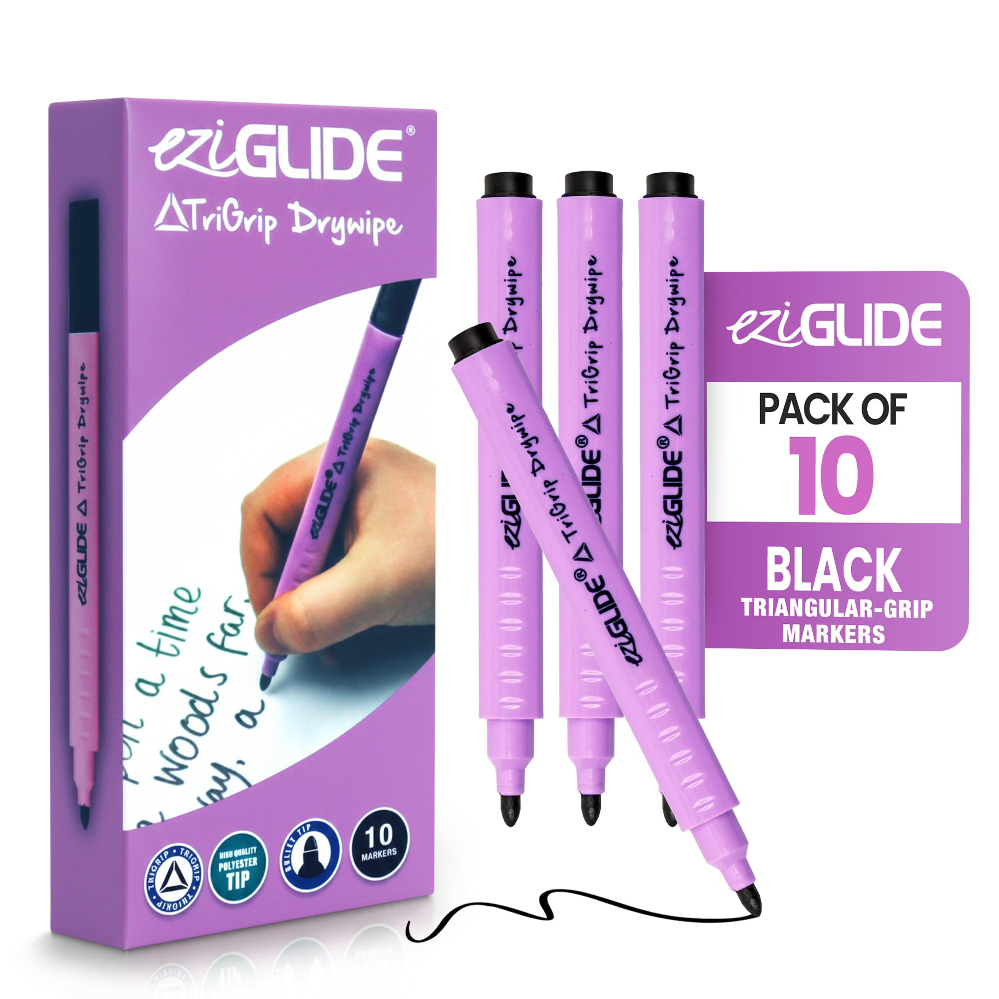 Eziglide 10-Pack TriGrip Whiteboard Pens, Black Ink – Erasable Dry Wipe Pens with Bullet Nib & Smooth Flow Ink – Triangular Barrel for Better Grip, Ideal for Schools, Office & Home Use