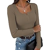 YOGINGO 2026 Women's Henley Long Sleeve Shirts - V-Neck Button Front Ribbed Knit Tops, Soft Stretchy Casual Work Blouses