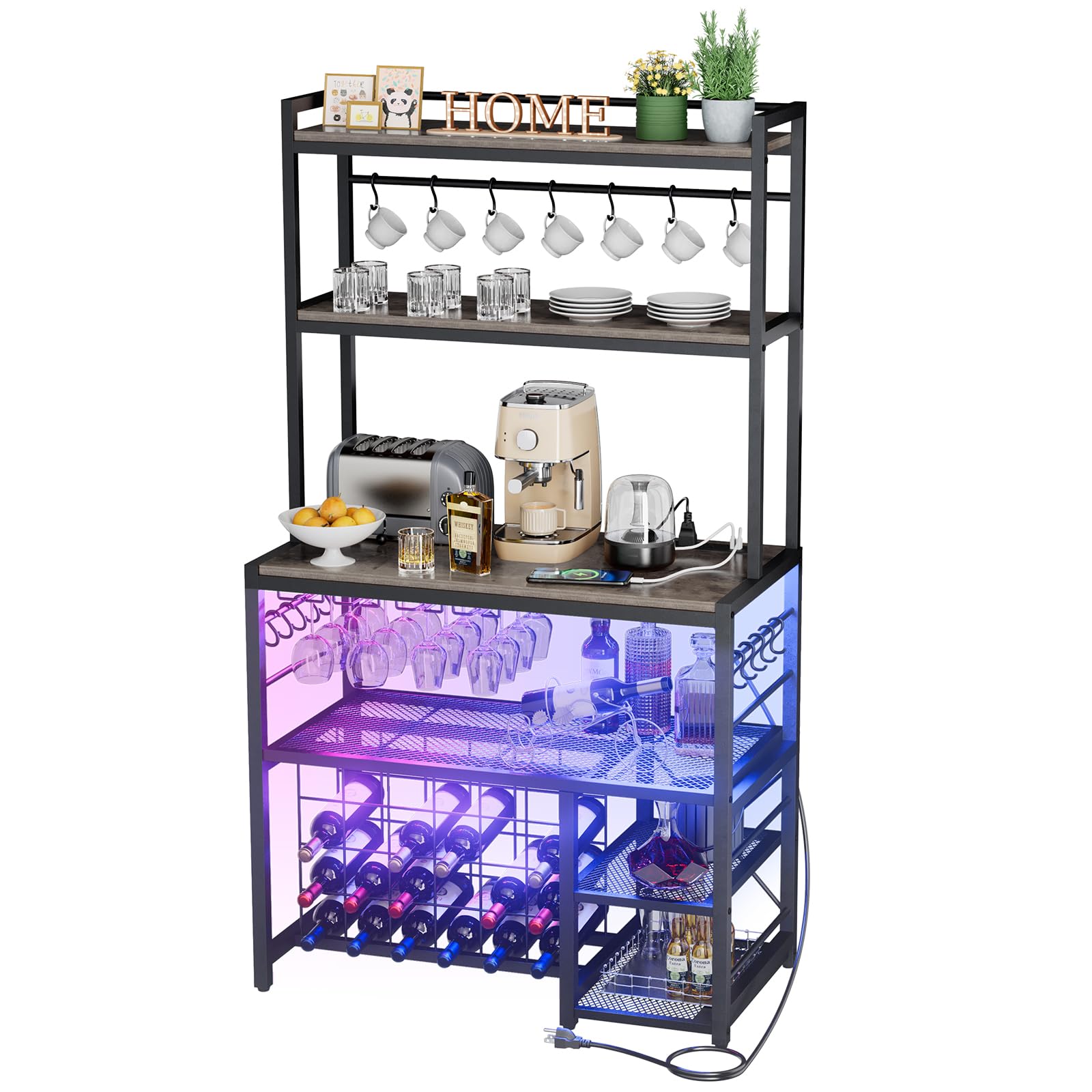 And Chairs Set 4-Tier Wine Bar Cabinet With LED Lights Outlets