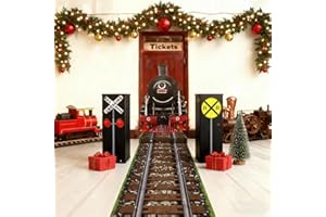 Teenyyou 3 Pcs Christmas Express Train Party Decorations 24 Inch x 20 ft Plastic Railroad Track Aisle Runner 17'' Traffic Crossing Sign Boxes for Wild West Western Winter Home Floor Decor(Stylish)