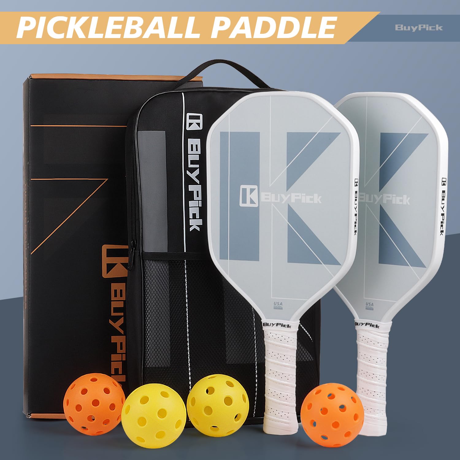 Pickleball Paddle, Carbon Fiber Surface with Reinforced 16mm Polypropylene Honeycomb Core, Perforated Grip, USA Pickleball Approved,2 Pickleball Paddle with 4 PE Balls& 1 Bag