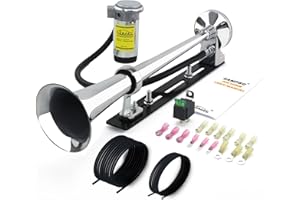 GAMPRO 12V 150DB Air Horn with Install Mounting Bracket Kit, 18 Inches Single Trumpet Truck Air Horn with Compressor kit for Any 12V Vehicles Trucks Lorrys Trains Boats Cars (black and silver)
