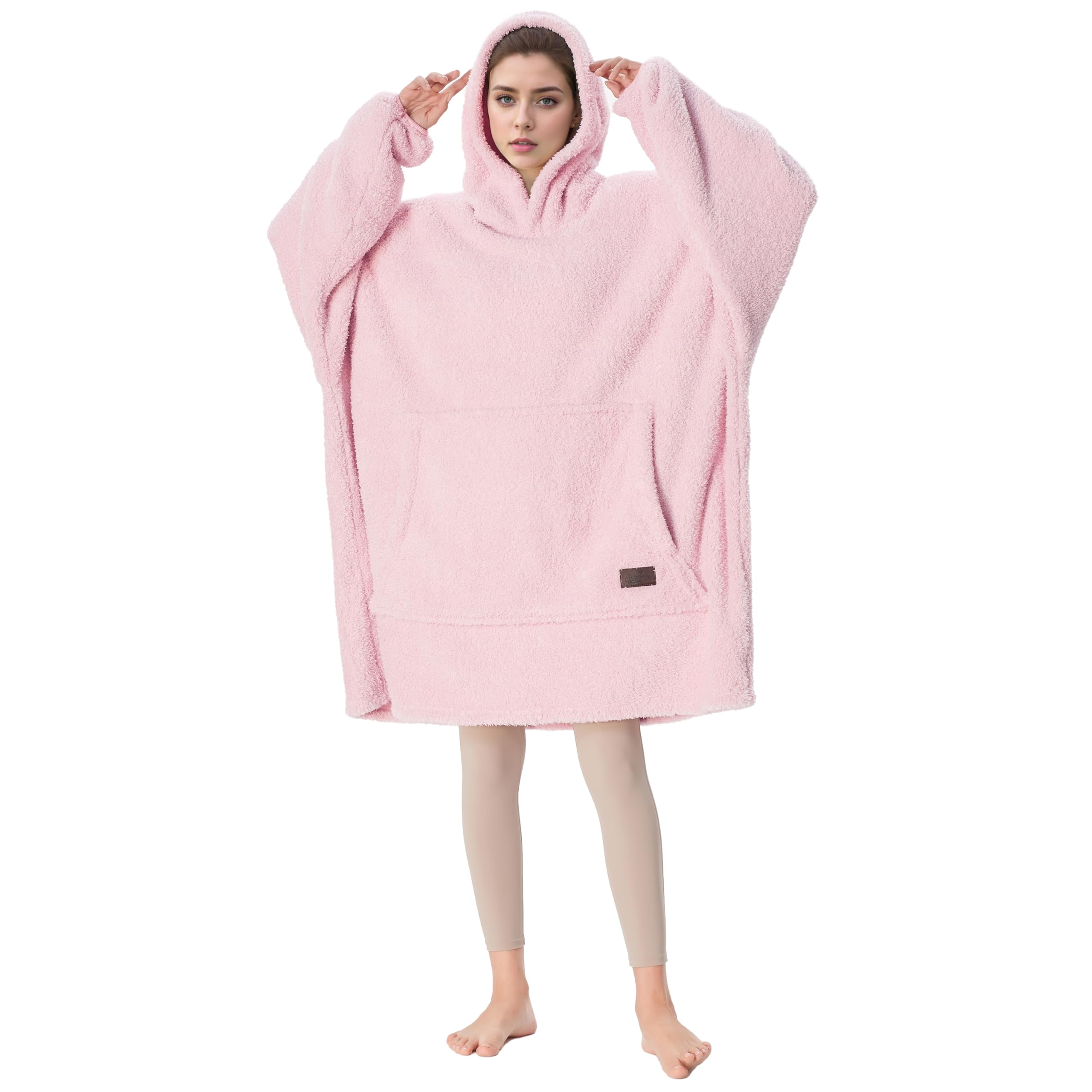 Oversized Wearable Hoodie Blanket, Fluffy Warm Winter Teddy Fleece Hoodie Blanket for Women, Wearable Blanket with Sleeves and Hood, as a Gift Idea for Adult, 95x160 cm, Pink