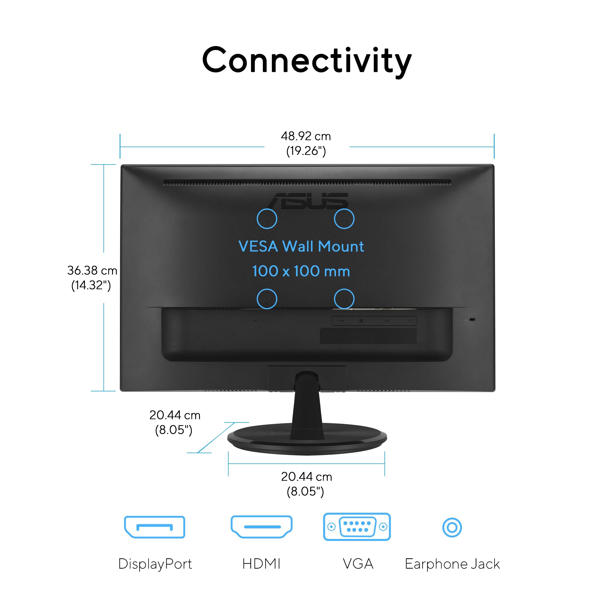 ASUS VP229Q 21.5” Monitor, 1080P Full HD, 75Hz, IPS, FreeSync/Adaptive-Sync, Eye Care, HDMI DisplayPort VGA, Frameless, VESA Wall Mountable BLACK