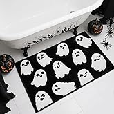 Lindameler Halloween Bathroom Rug Spooky Black White Ghost Bath Mat for Halloween Bathroom Decor Non-Slip Washable Ghost Bath Rug for Front Doormat, Bedroom Rug Decor 20 X 31 Inch