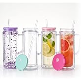 AGH 20OZ Acrylic Snow Globe Tumbler With Handle,4Pack Double Wall Plastic Tumbler with Lid and Straw,Reusable Acrylic Cup for Ice Coffee,Juice,DIY.Smoothie Cup Unbreakable,BPA-Free,4Colors