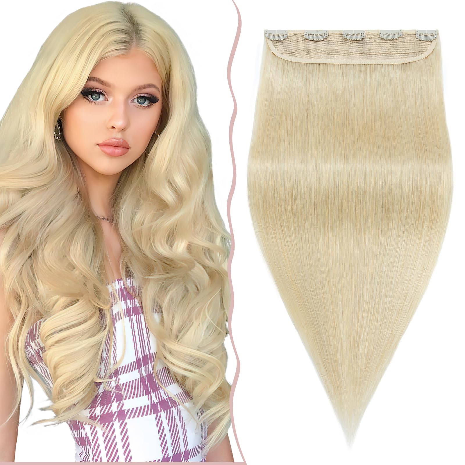 8 inches SEGO One Piece Hair Extensions Clip in Human Hair THICK [#60 Platinum Blonde] Real Remy Hairpieces for Women 3/4 Full Head Straight Invisible (60g) — image 1
