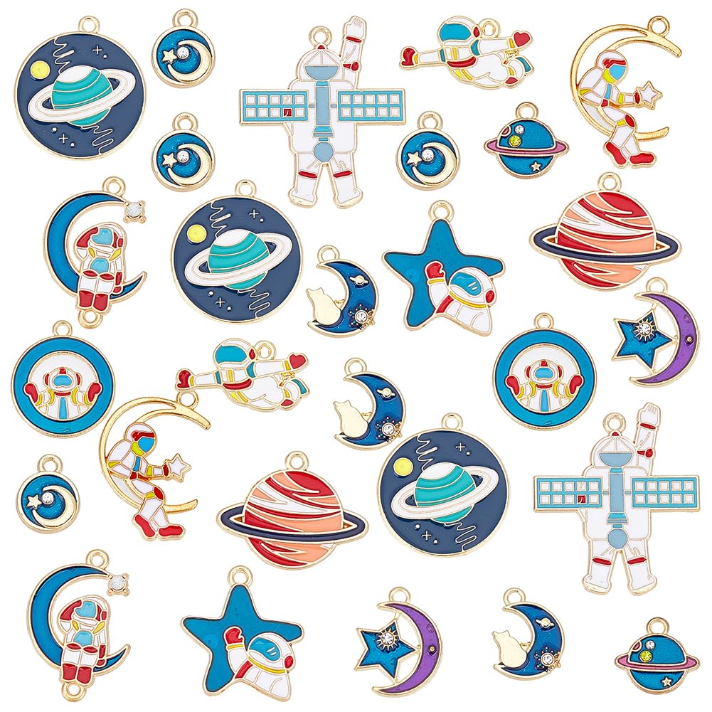 SUPERFINDINGS 48Pcs 12 Style Space Theme Alloy Enamel Pendants Gold Plated Enamel Astronaut Moon Star Celestial Charm Pendant for Necklace Bracelet Earring Jewelry Making