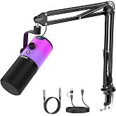 Aveek USB/XLR Dynamic Microphone with Boom Arm for Gaming &amp; Streaming | RGB Lighting, Noise Cancellation, One-Touch Mute, Monitor Mix &amp; Headphone Jack for PC &amp; PS5
