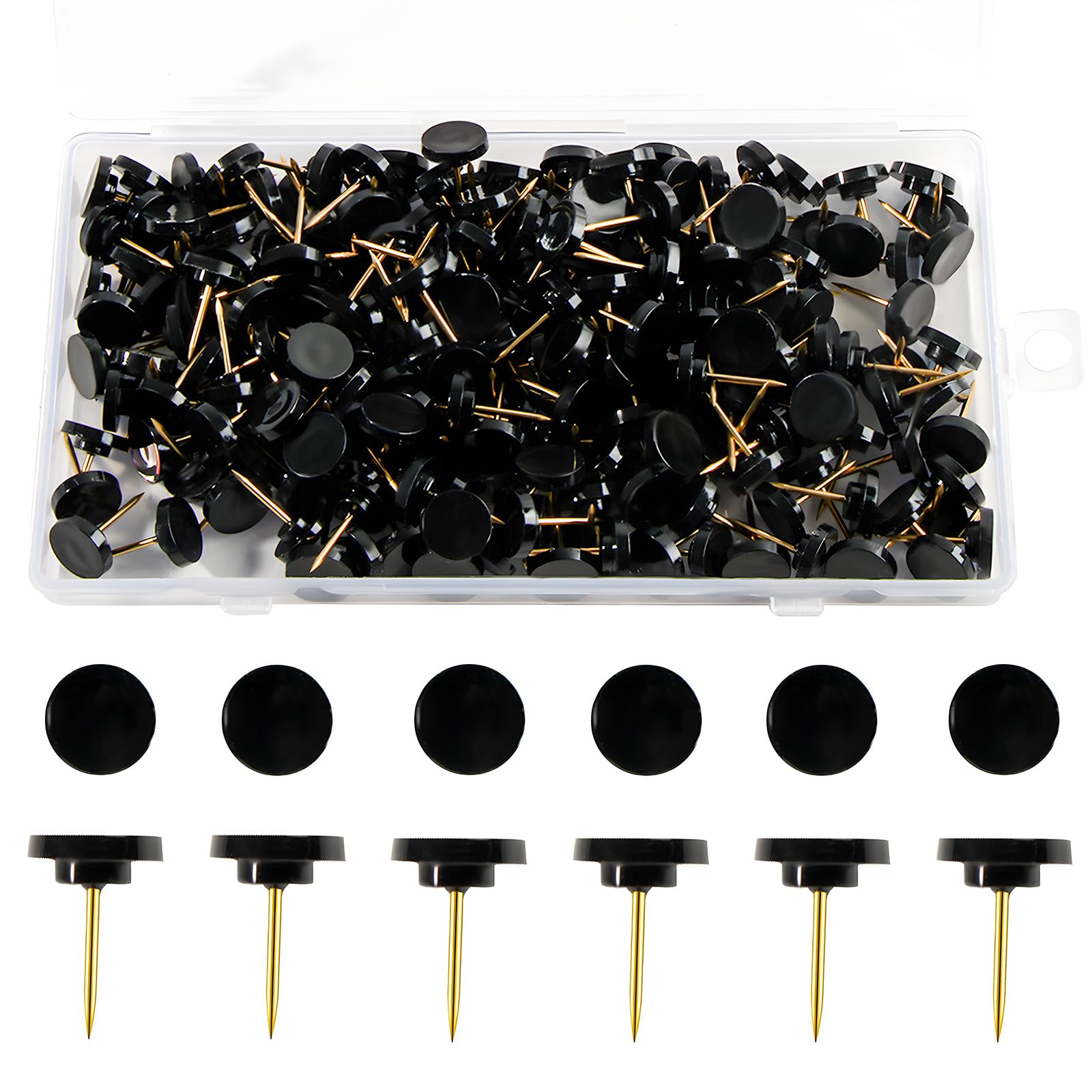 VAPKER 200Pcs Black Flat Thumb Tacks Push Pins Standard Plastic Head and Gold Steel Point for Cork Board, Maps, Wall Hanging Home Office School Decorative