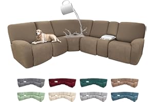 ROFASVCO 100% Waterproof Sectional Recliner Couch Covers for Reclining Couch L Shaped Corner Sectional Sofa Cover Jacquard Stretch L Shape Recliner Slipcovers (5 Seater 1 Console Cover, Taupe)