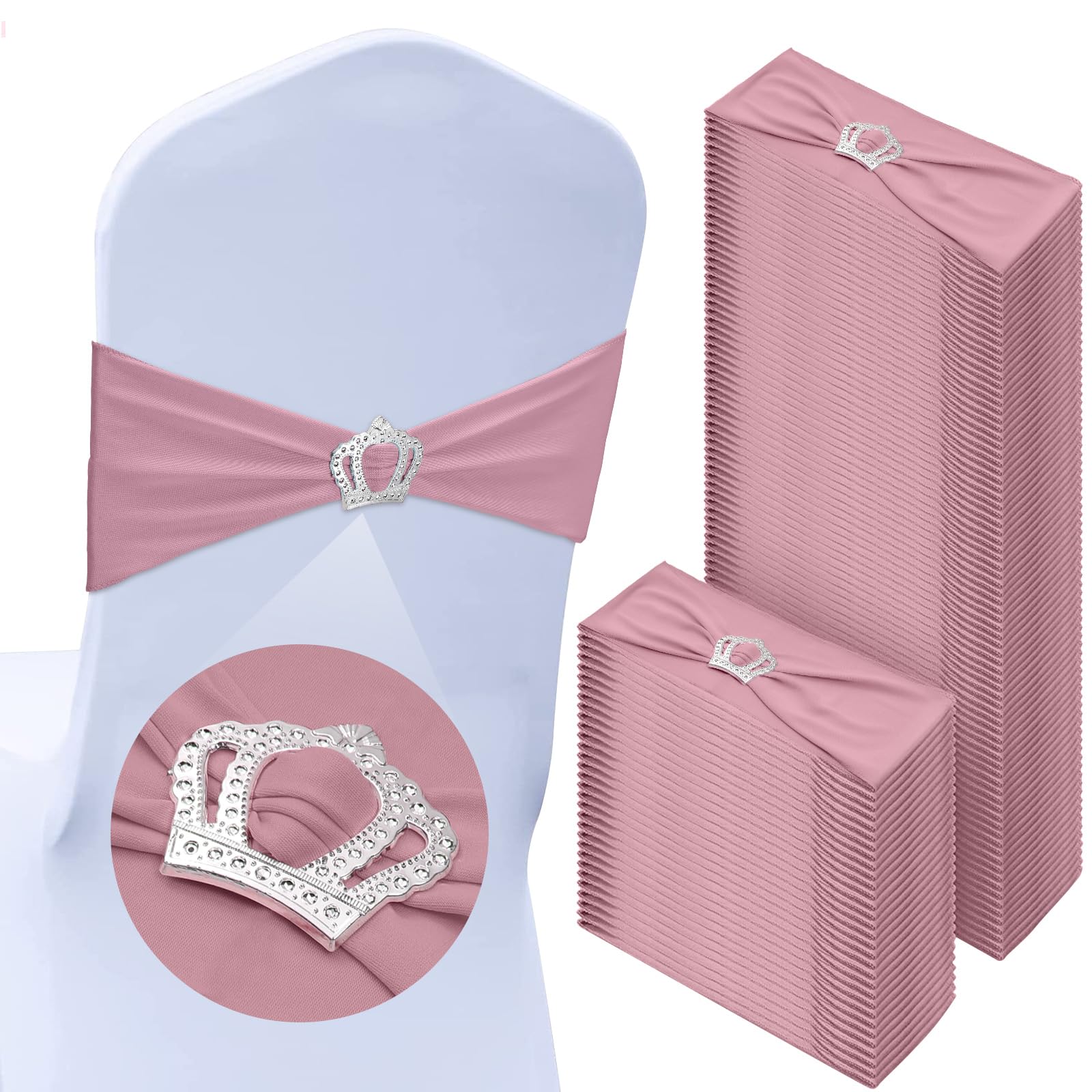 Photo 1 of 100 Pcs Spandex Chair Sashes with Crown Buckle Slider Stretch Chair Bands Cover Ties for Wedding, Banquet, Gala, Corporate Event, Birthday Party, Baby Shower(Dusty Pink)