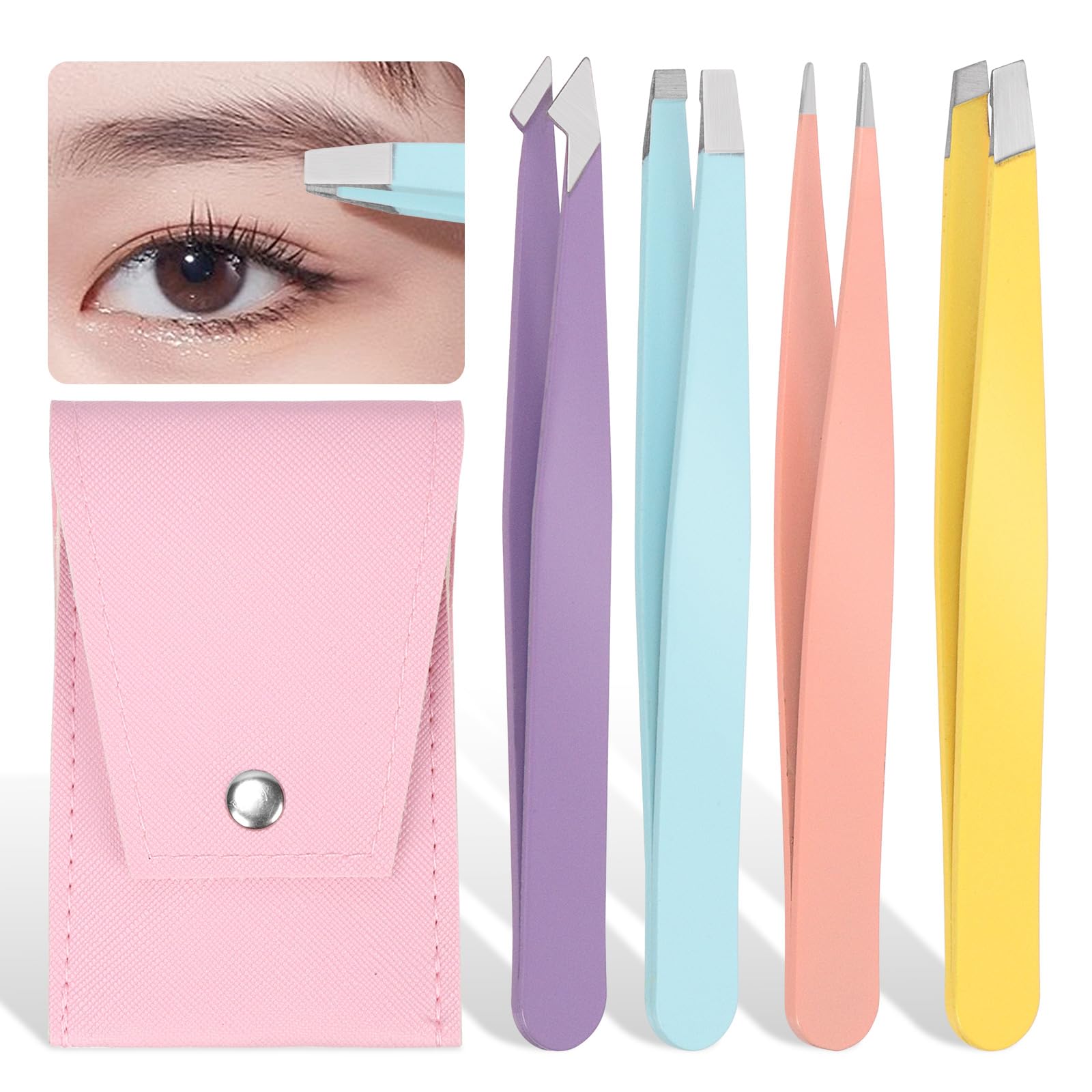 Glarks 4Pcs Eyebrow Tweezers Set Stainless Steel Slanted Tip Tweezers Professional Facial Hair Eyebrow Precision Tweezers for Men and Women