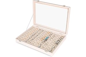 Frebeauty Ring Organizer Tray 100 Slots Ring Holder with Clear Lid Velvet Storage Box Jewelry Tray for Jewelry Store Earring Display Case for Jewelry Show Studs Box for Women(Beige)