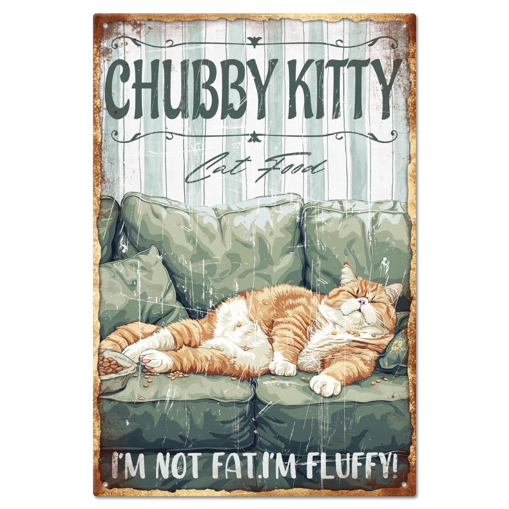 GLOBLELAND Vintage Fat Cat Metal Tin Sign 8×12inch Retro Chubby Kitty Funny Tin Room Door Sign Tin Painting Art Plaque Poster Wall Decor for Home Club Decoration