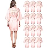 Hicarer 12 Pcs Women's Birthday Party Robes Gold Glitter Queen Squad Kimono Silky Nightgown Satin Bathrobes Dressing Gown