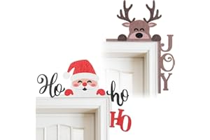 Briwooody 2 Pcs Christmas Door Topper Funny Santa Claus Antlers Door Frame Corner Sign Decor Home Wooden Christmas Cabinet Knob Covers Party Ornament Props Gift for Wall Window DIY