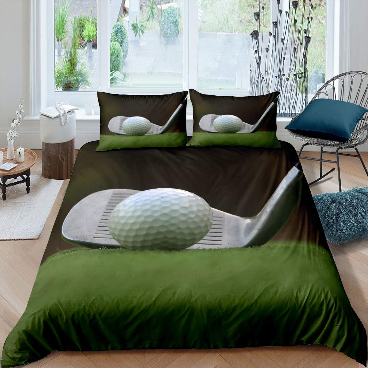 Sports Themed Duvet Cover Set (No Comforter) Golf and Golf Clubs Decor Bedding Set for Kids Boys Teens Comforter Cover with Zipper Ties (1 Duvet Cover + 2 Pillow Cases) Double Size