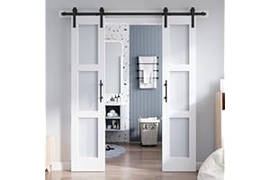 ROYMELO Double 18×84 Inch Glass Barn Door Slab and 6.6ft Hardware Kit Included, 3 Frosted Glass, LVL Wood Panel Covered with White Water-Proof Scratch-Proof PVC Surface, Simple DIY Assembly