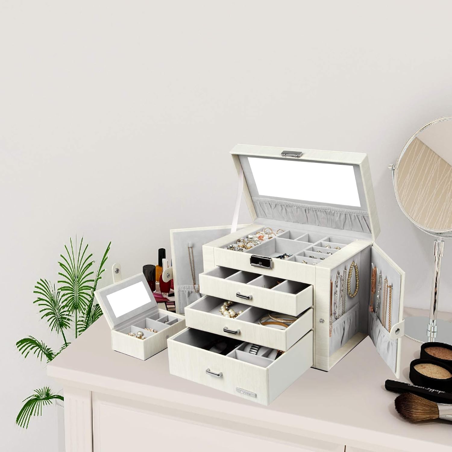 Homde Jewelry Box for Women Girls with Small Travel Case Mirror Necklace Ring Earrings Organizer White Wood Grain: Home Improvement