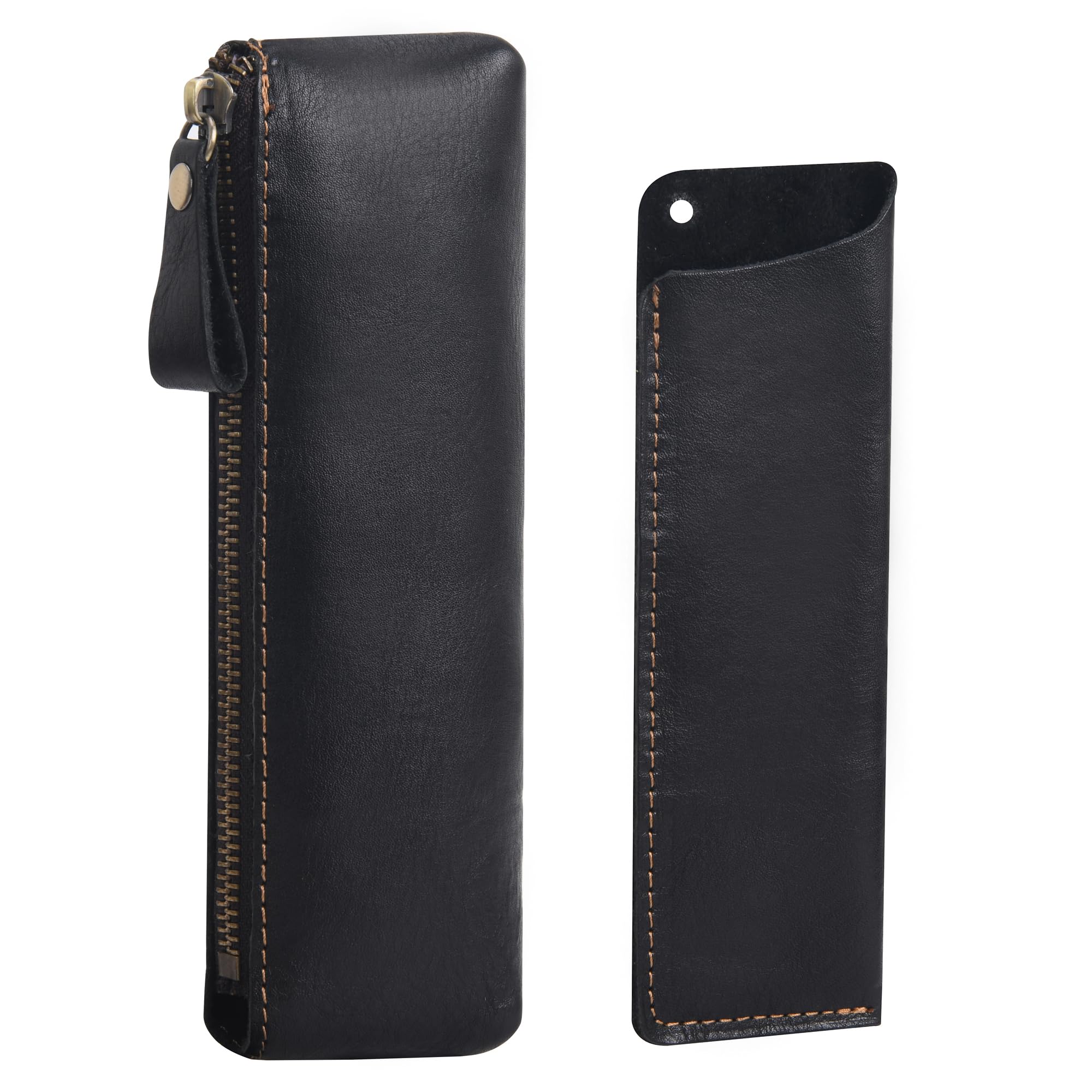 Wonderpool Leather 1pc Pencil Case & 1 Pc Fountain Pen Holder - Portable Compact Drawing Pen Pen Bag for School Office Travel Organizer, BlackOne, Medium, 2 Pieces