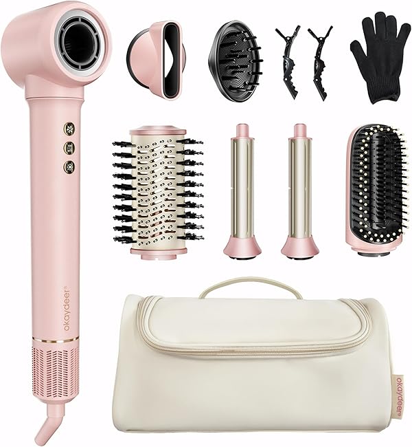 7-in-1 Airstyler, Hairstyler, Lockenstab Automatisch, Hochgeschwindigkeits Ionen Föhn, Keine Hitzeschäden, Schnelltrocknendes&Flusenfrei Styling, Glätteisen, Warmluftbürste mit Reisetasche
