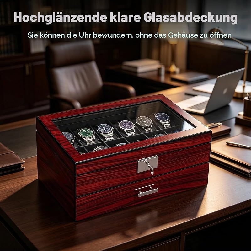 Uhrenbox 12 Fächern für Herren,2 Ebenen Uhrenkasten mit Glasdeckel