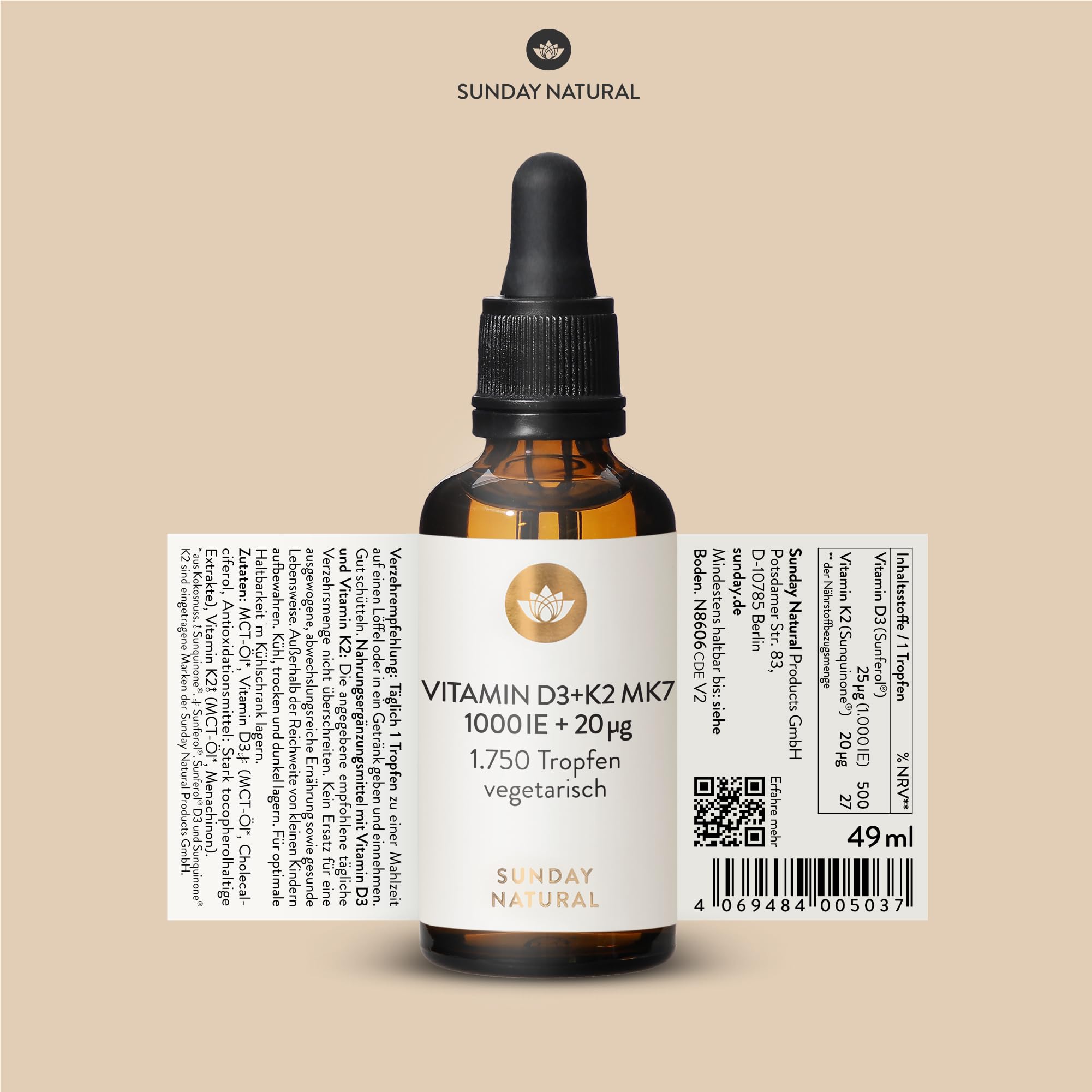 SUNDAY NATURAL® Vitamin D3 K2 Tropfen – Premium Vitamin D 3 1.000 IE (25µg) + K2-MK7 ≥99,8% all-trans 20µg – Kölner Liste® - Hohe Bioverfügbarkeit, ohne unnötige Zusätze, laborgeprüft 6