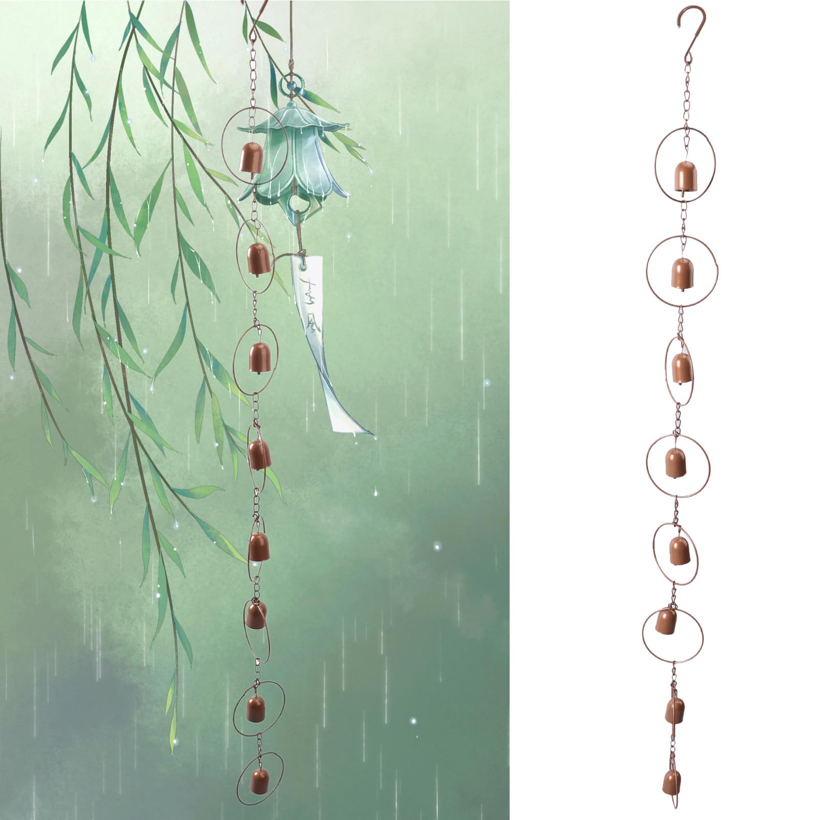 Hanging Rain ChainMetal Rain chimes Garden Wind Chimes Decorative Bell Musical Rain Catcher Gutter Chains Good Luck Chimes for Drainage Home Outside Temple 3.94ft