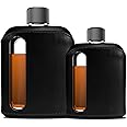 Ragproper Modern Glass Hip Flask - Durable Leather Covered Flask for Whiskey, Spirits, & Other Liquor - Ideal Glass Flask for Men & Women (Single Shot 100ml + Double Shot 240ml, Leather Black)