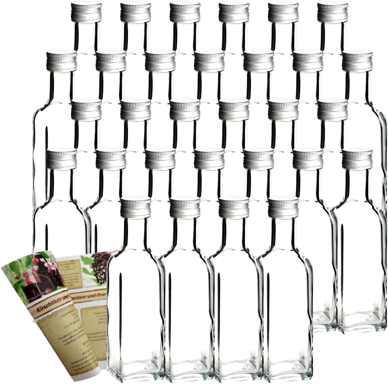 Flaschendiscount 30 leere Glasflaschen 100ml "Maraska" Schraubverschluss und Rezeptbroschüre, Eckig, Likörflasche Schnapsflasche 0,1l / 0,25l / 0,5l Liter (30, 100 ml)